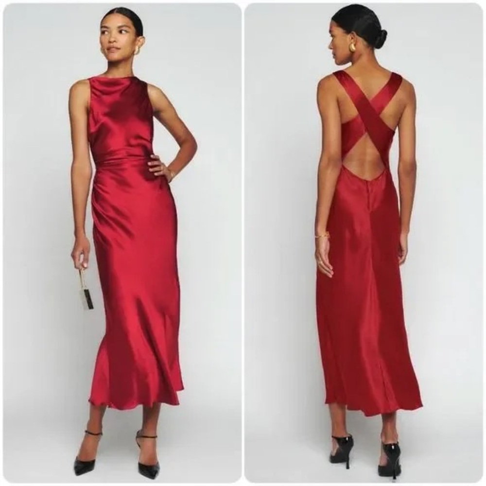 Reformation Red Satin Cross-Back Midi Dress